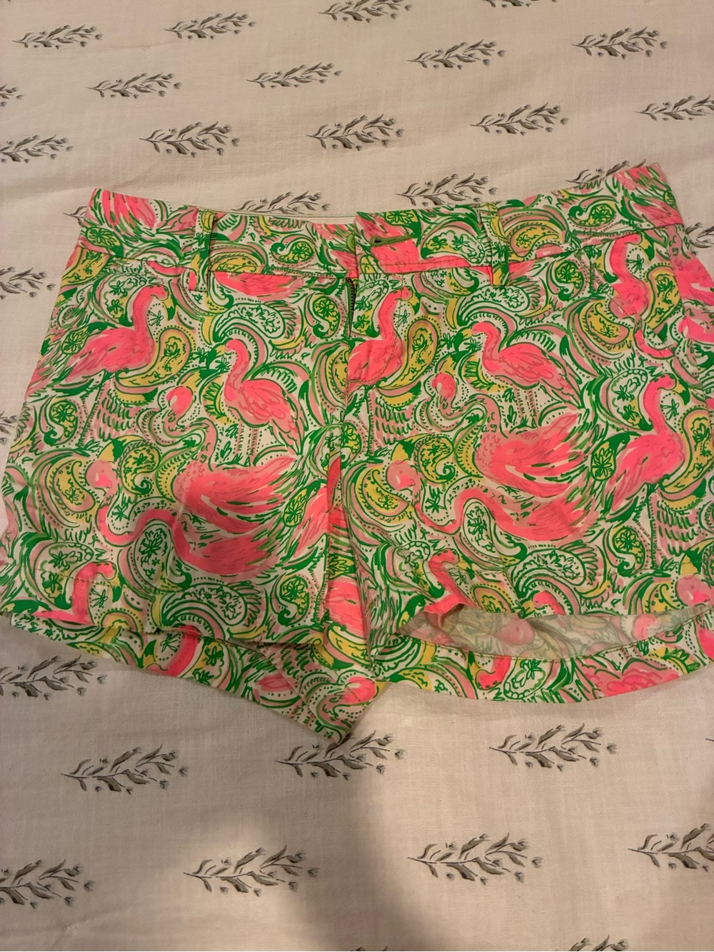 Lilly Pulitzer Neon Pink Flamingo Print Shorts with Green Paisley